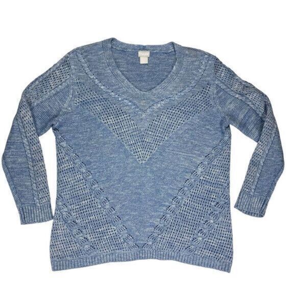 Chico's Textured Open Knit V-Neck Sweater Women L Blue Classic Oversize Pullover - Picture 2 of 16